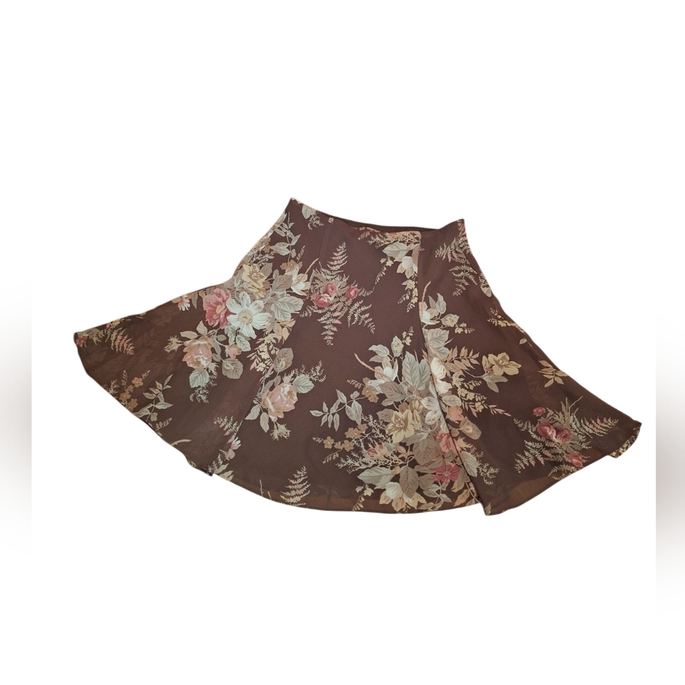 American LIving Brown Floral Hanky Hem Forest Fairy Sheer Boho 90s Y2K Skirt Med
